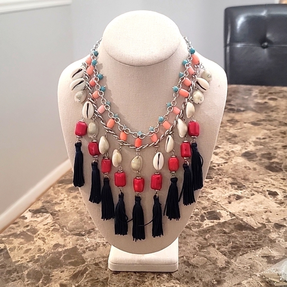 TOMMY BAHAMA COWRIE TASSEL NECKLACE SILVER TONE BLUE , MULTI NWT